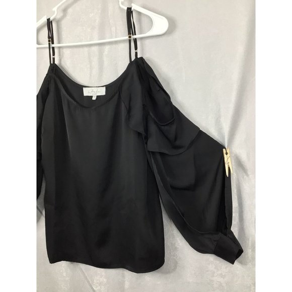 L`Academie Adjustable Spaghetti Strap Cold Shoulder Long Sleeve Blouse Black Siz - Picture 4 of 12